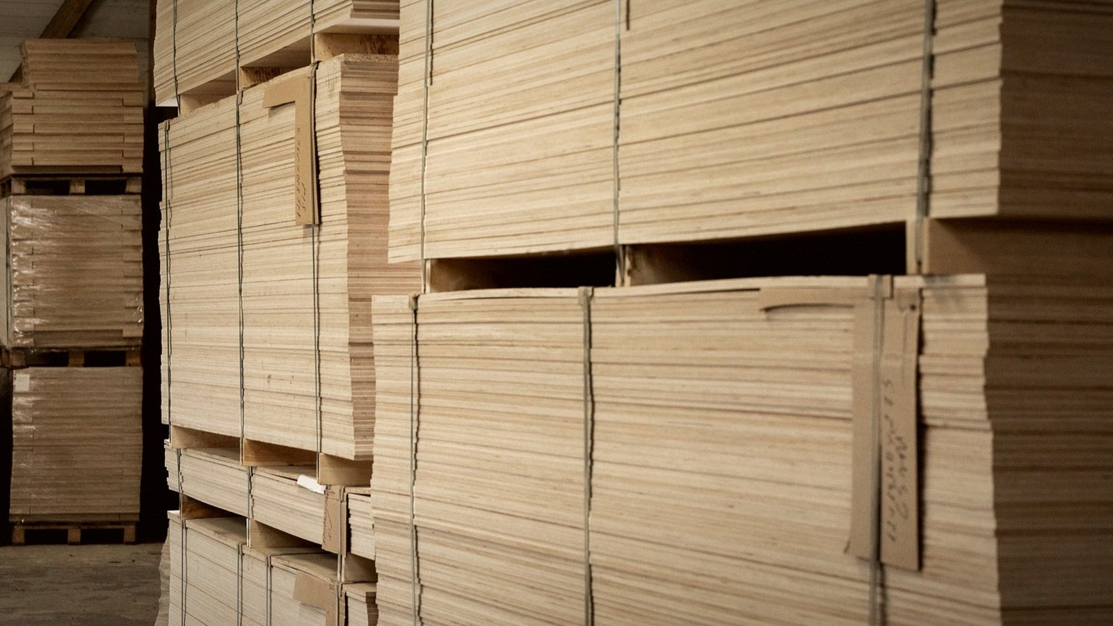 Strapped packs of finished oak boards on pallets at the mill