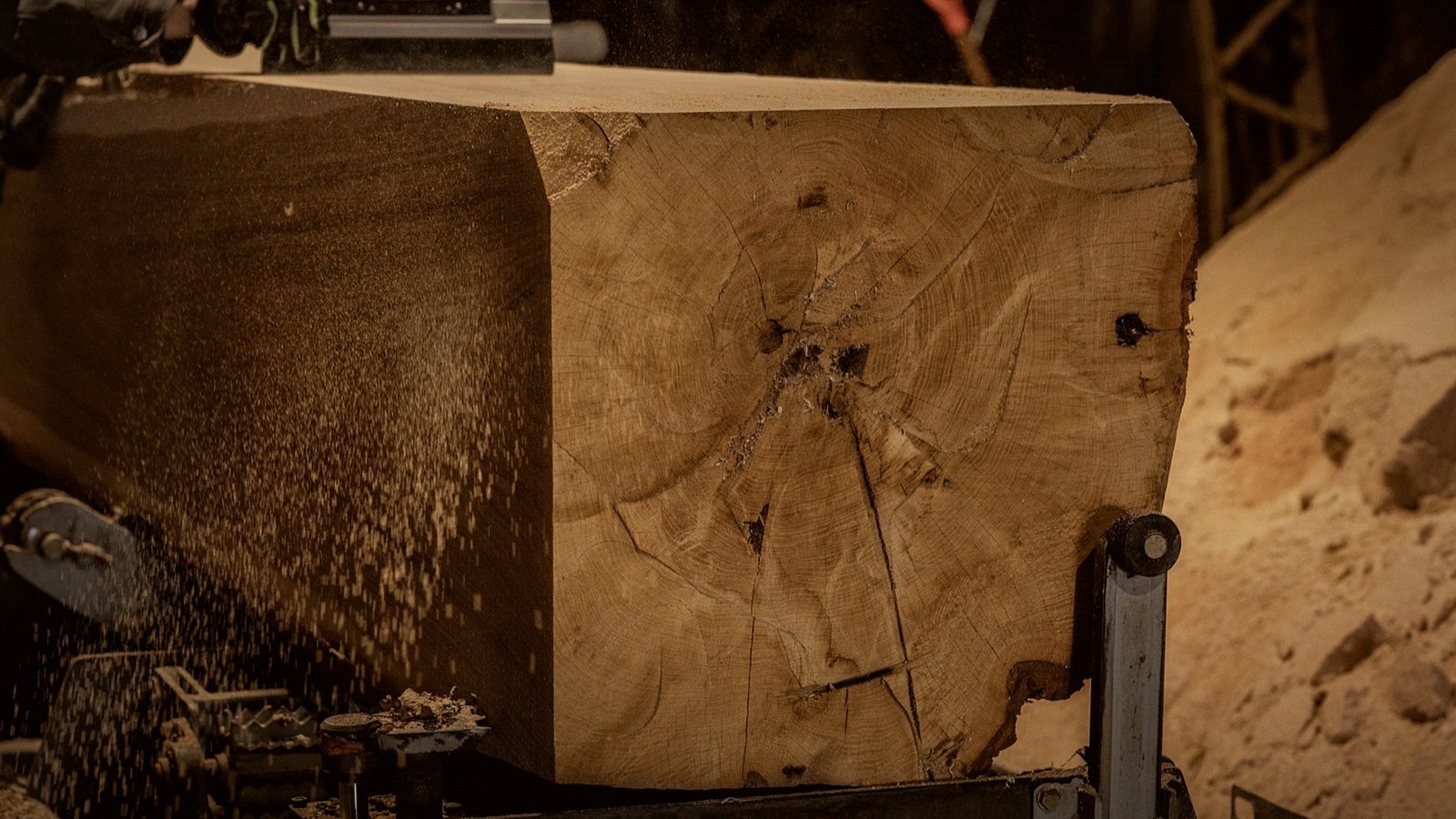 A band saw cuts a thin oak top layer from a cant; sawdust in the light