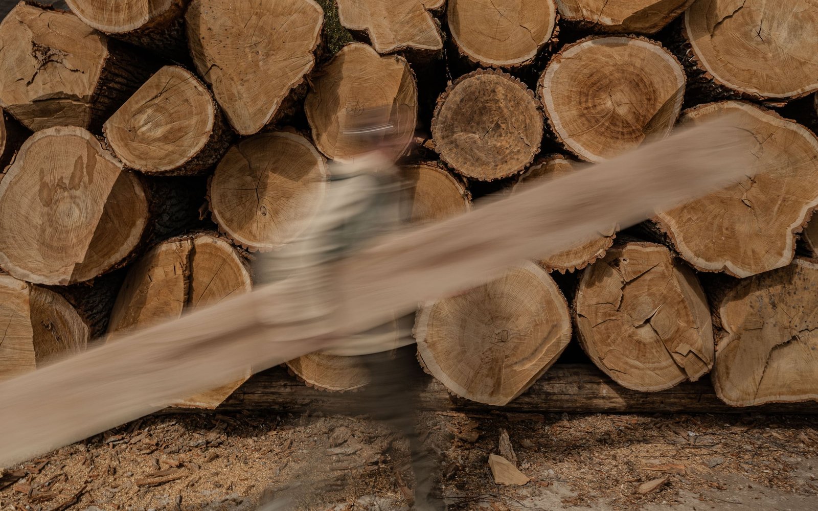A worker carries a long board past stacked oak logs, captured in motion at the mill